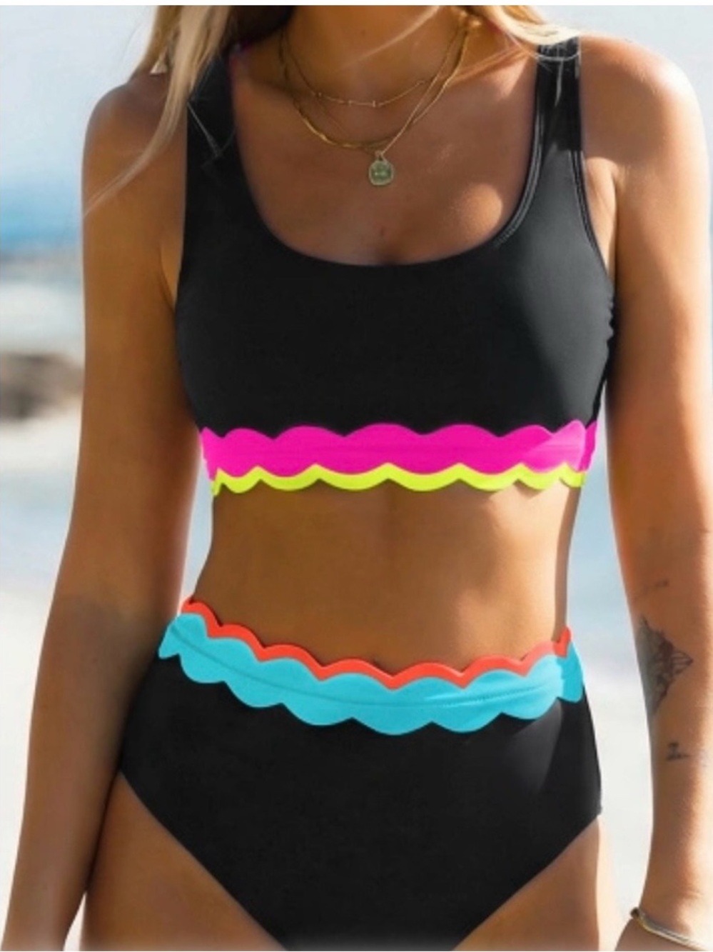 Popvil Black Scalloped Two-Piece Bikini with Neon Trim